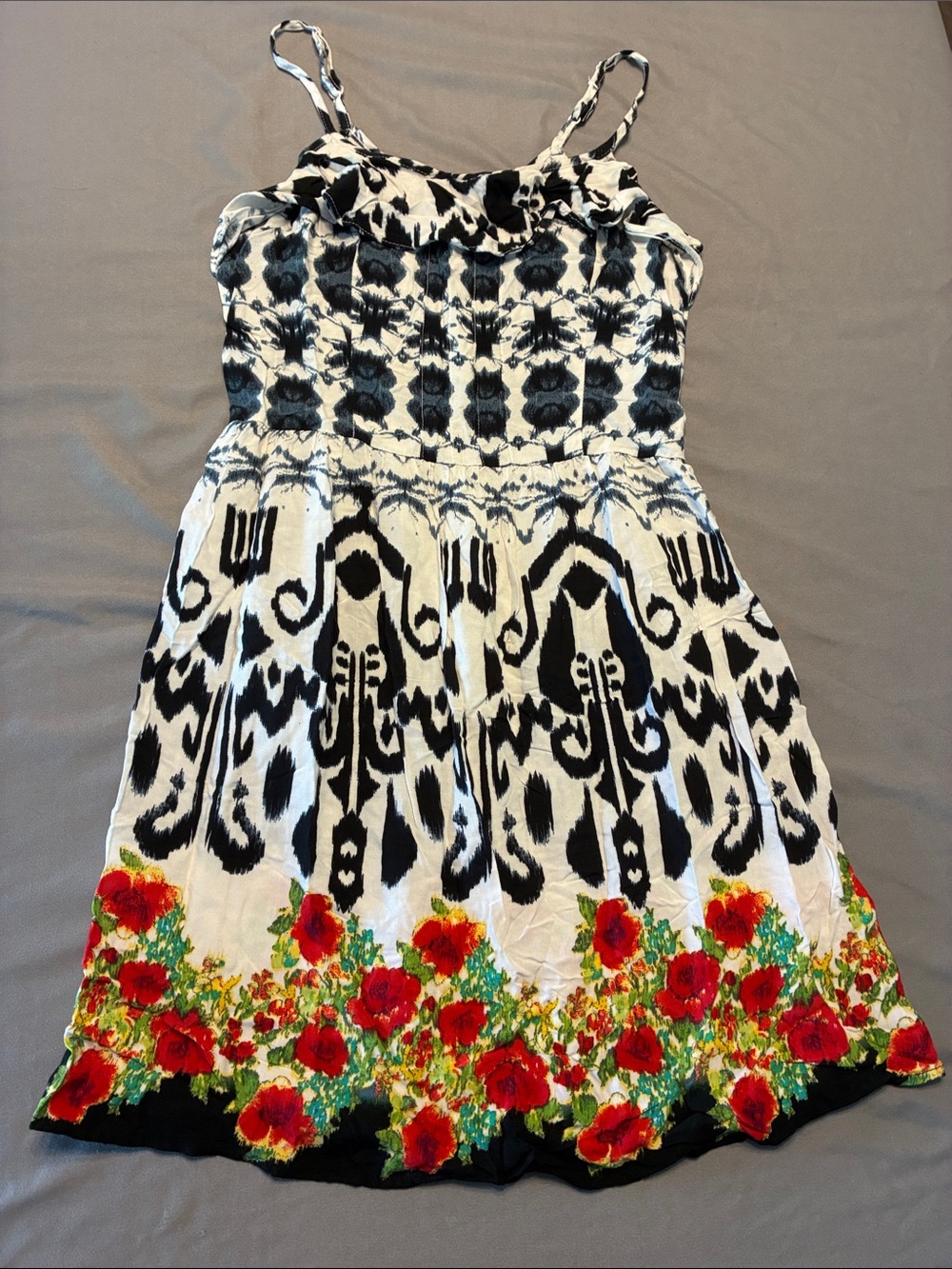 Xhilaration Black and White Sundress with Red Floral Border